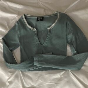 BDG Sage Green Ribbed Long-Sleeve Henley Top with Contrast Trim